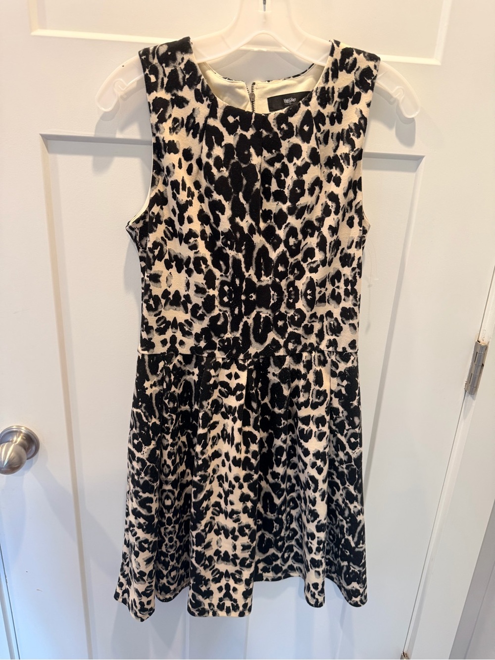 Mossimo Animal Print Dress S Black Cream Leopard Sleeveless Fit Flare Stretch